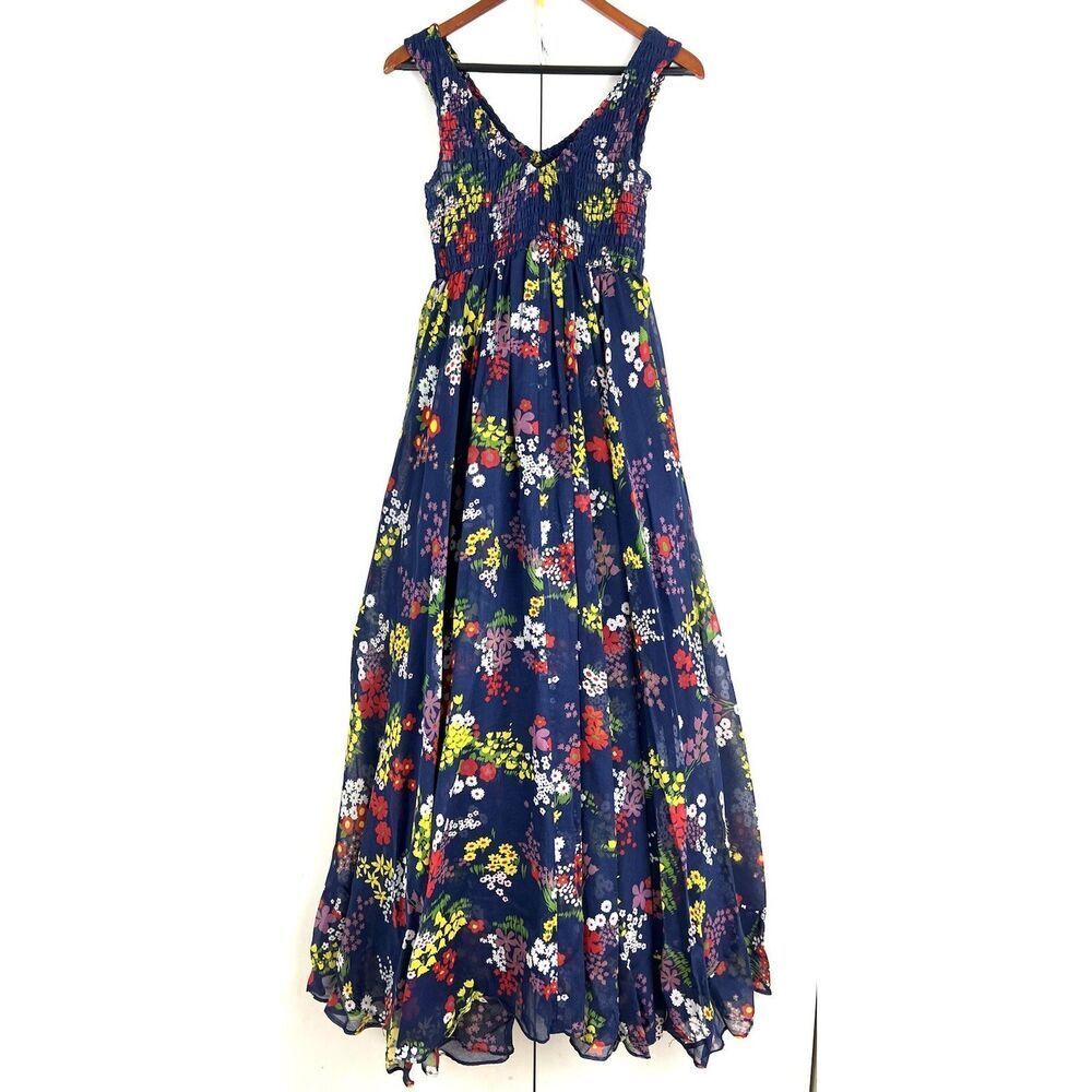 Vintage Maxi‎ Dress Size 4 Floral Smocked V Neck Sleeveless Prairie Cottagecore